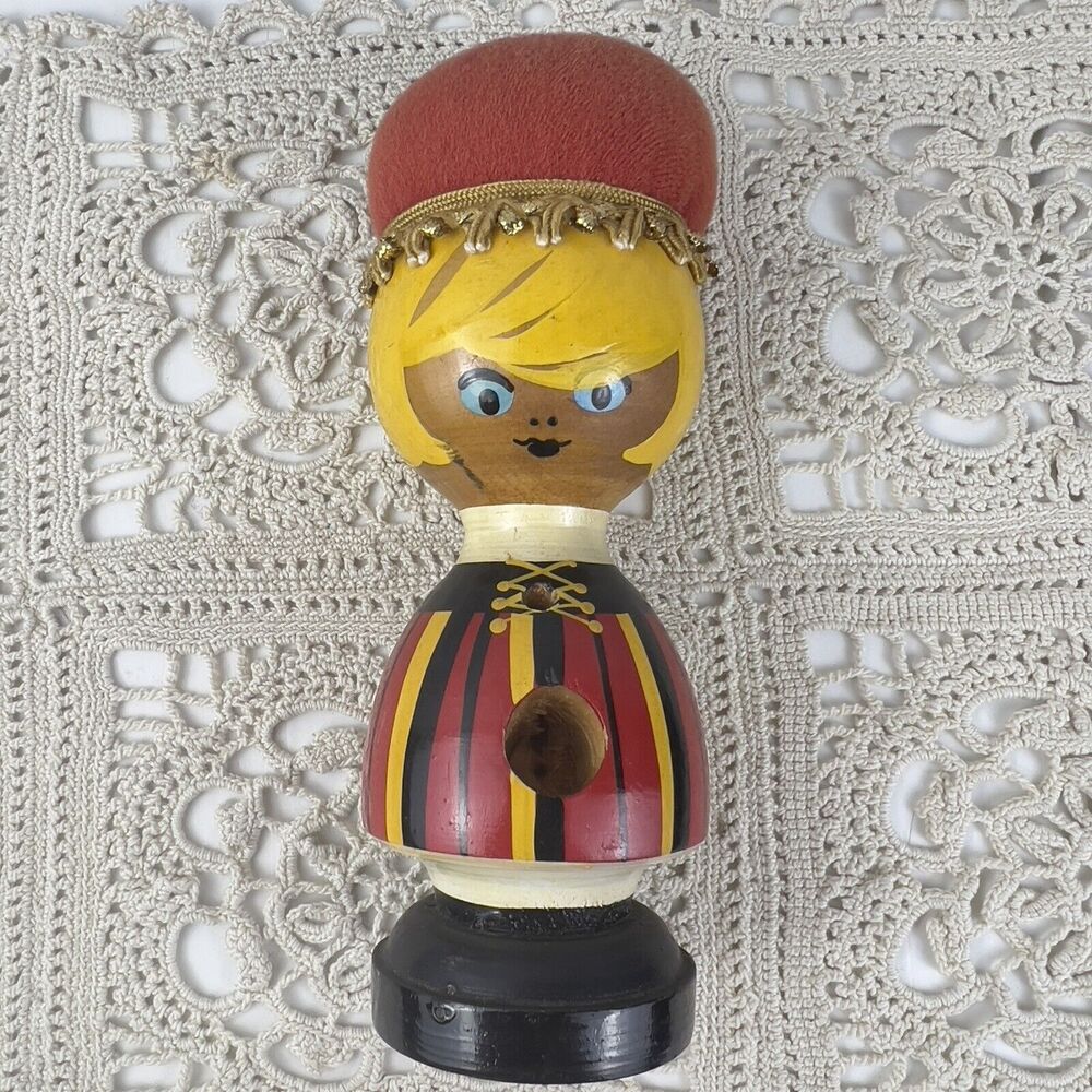 Vtg Wooden‎ Pin Cushion Doll Thimble Cut Out Belly Button Hand Painted Kitschy